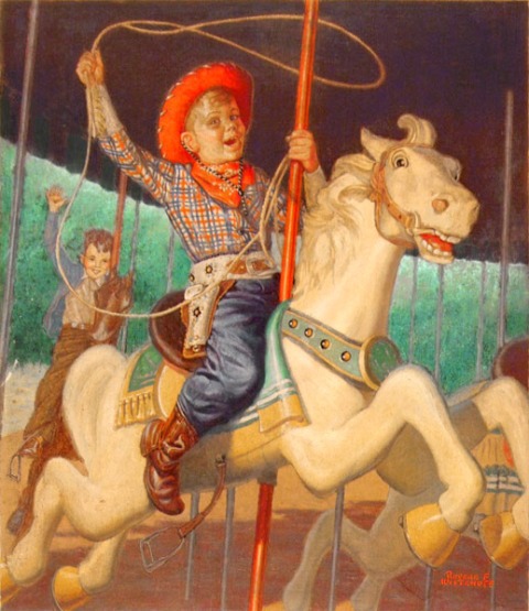 Boy Riding Carousel Horse Dressed As Cowboy