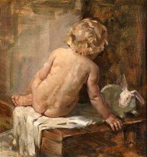 Child Nude Sitting On A White Cloth With Rabbit