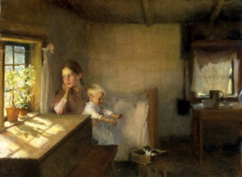 A Woman And Child In A Sunlit Interior