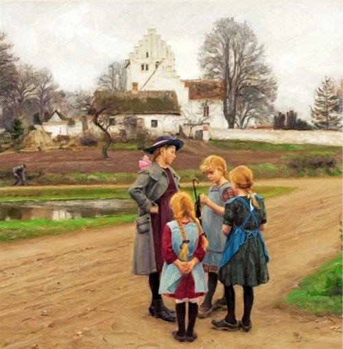 Four Girls Chatting In Front Of The Village Church