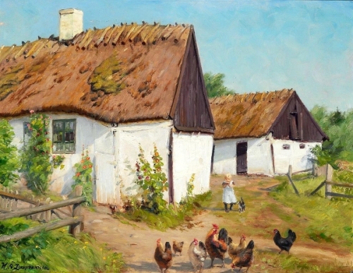 A little girl with a cat and chickens near a whitewashed cottage with thatched roof