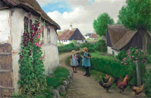 Country Street With Playing Girls And Hens