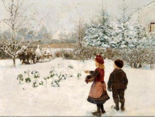 Two Children Feed The Birds In The Snow