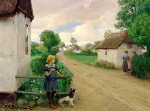 Village street with a girl at a white cottage.